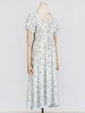 Fongt 2025 New Temperament Elegant Square Tie With Belt Print Bubble Sleeve High-End Long Dress