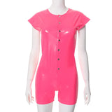 Fongt Women's Summer New Solid PU Leather Flying Sleeve Round Neck Single Buckle Detonette Back-To-Back