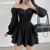 Autumn Spring A-Line Dress Sexy Slim Solid Square Collar Puff Sleeve Mini Dresses For Women 2021 Eleggant Fashion