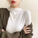 Half-High Collar Bottomed Shirt Women Wear A New White Long-Sleeved T-Shirt With Western Style Agaric