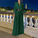 Fongt Buy Through The New Fashion V-Neck Long-Sleeved Shirt Temperament Elegant Waist Display Thin Bright Leg
