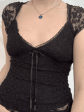V Neck Tie Front Lace Blouse-Outfit