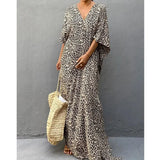 Women's Dress Fashion Beach Vacation Leopard Printed Robe Summer New Casual Elegant Loose V-Neck Split Floor-length Dresses-Outfit
