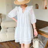 Fongt New White French Dress Holiday Style Bubble Sleeve Short Skirt Girl Fairy Korean Small Man