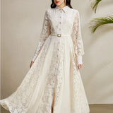 Fongt Light Luxury Elegant Dress Woman 2025 New High-End Hook Embroidery Splicing Mesh Yarn Large Swing Dress