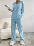 Fongt Sets Of Women 2025 Autumn New Fashion Casual Straight Pants Temperament Loose V Collar Pit Knitting Sleeve