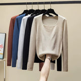 Autumn Long Sleeve Knitted Sweater Pullovers Girls Square Collar Tops Jumpers Women Base Jumper Slim Knitwear-Outfit