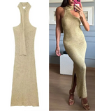 Beige Draped Halter Neck Knit Midi Dress-Outfit