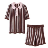 Fongt New Striped Collar Short Sleeve Loose Blouse High-Waist Three-Point Shorts Knitwear Two-Piece Set