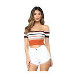 Fongt And Summer Explosion Of Women's Stripes Lace Bare Back Shoulder Leakage Collarbone Short T-Shirt Women's Top