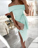 Off-neck Solid Mid Waist Color Lace-up Regular