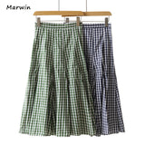 Spring Summer Printing Plaid Pattern Empire Elastic Women A-Line Two Color High Street Style