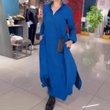 Fongt Autumn And Winter New Leisure Loose Solid Color V Collar Long-Sleeved Dress