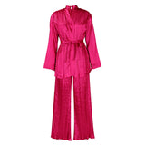 Fongt Women's Solid Color Pressure Folded Loose Long Sleeves Tying Shirt Trousers Two-Set Set