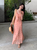 Fongt Xixi 2025 Summer New Korean Version Of High-Waisted Holiday Sling Dress V-Neck Print Pure Desire Skirt 88279