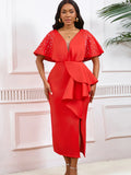 Fongt Summer Sexy V-Necked Lotus Leaf Side Open Nail Bead Party Dress Famous Temperament Banquet Dress