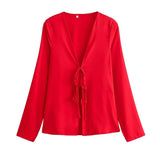 Fongt 2024 New Women's Loose Bow Trim Silk Satin Texture Shirt Women 2183331-Outfit