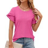 2024 New Round Collar Solid Color Petals Short-Sleeved Casual T-Shirt-Outfit