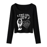 Long Sleeve Short Crop Top Graphic Sexy Gril Slim Lana Del Rey Print T-shirt Pullover Campus Clothing Tee Vintage Streetwear-Outfit