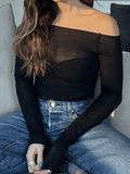 Mesh Long Sleeve Off Shoulder Top-Outfit