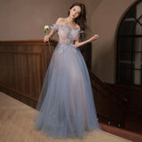 One-Word Shoulder-Colored Evening Dress Female Banquet Temperament Famous Blue Starry Sky Gradually Fairy Host Vocal Art