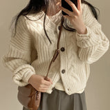 Solid V Neck Puff Sleeve Cable Knit Cardigan-Outfit