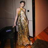 Fongt New Chinese Dress Light Luxury Niche 2025 New Famous Wind Hanging Neck Heavy Industry Slew Sexy Bare Back Dress