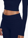 Long Sleeve Cropped Top Fold-over Flare Pants Set-Outfit