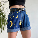 Moon Sun Print Loose Fit Denim Shorts For Female 2020 Summer New Hemming Blue Boyfriend Style Women's Short