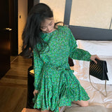 Elegant Print Women Dress O Neck Lantern Long Sleeve High Waist Lace Up Bow Ruffles Mini Dresses For Female
