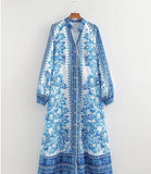 Fongt Women's Clothing Explosion Printing Loose Single Buckle V Collar Lantern Sleeve Holiday Dress