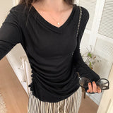 Slim, V-Collar, Straight Shoulder, Long-Sleeved T-Shirt, New Autumn Pleated Blouse, Solid Color Bottomed Shirt.-Outfit
