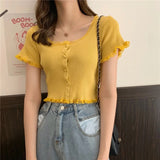 Women Patched Lace O-Neck Knitted Short Sleeve Thin Sweaters Cardigans Lady Single-breasted Buttons Sweater Crop Tops Female-Outfit