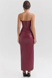 Burgundy Strapless PU Leather Maxi Dress-Outfit