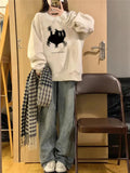 Black Cat Print Pullover Oversized Sweatshirt-Outfit