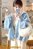 Harajuku Blue Knitted Cardigan Women Vintage Hooded Cropped Sweater Sweet Loose Casual Knitwear Y2K Tops Korean