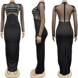 See Through Mesh Patchwork Party Evening Dresses Woman Elegant Night Club Birthday Diamonds Rhinestone Formal Prom Dress-Outfit