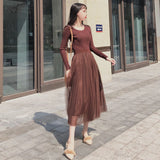 Women 2022 Knitted Mesh Patchwork Dress Long Sleeve Elegant Woman Casual Knitted
