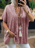 Regular Sleeve Sequined V-neck Loose-fitting T-shirt