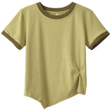 Fongt Female 2024 New Summer Design Sense Contrast Color T-Shirt Fashion Chic Irregular Short Student