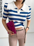 New 2022 Striped Knitted Korean Fashion Women's Summer Shoulder Pads Sweaters Vintage Elegant Lady Short Tops