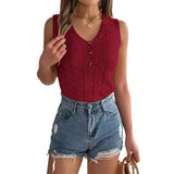 Shooting Summer New Solid Color Button V Collar Hollow Sleeveless Top Holiday Knitwear Women's