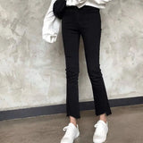 Fongt Fork Micro Bell Pants Female Irregular Edge Nine Pants Autumn New High Waist Show Thin Eight Pants Elastic Pants-Outfit