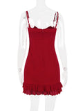 Red Lace Patchwork Buttoned Mini Dress-Outfit