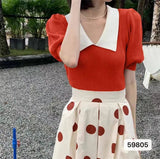 Fongt Retro Bubble Sleeve Knitted T-Shirt Women Design Small Short Top Summer New Ice T-Shirt