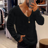 Men Daily Solid V Neck Simple Sweater Casual Gentleman Long Sleeve Slim Knitted Pullover Winter Male Streetwear