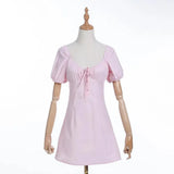 Retro Open Buttons Lacing up V neck Puff Short Sleeve Short Dress Woman Pink Black French Mini Dresses Holiday