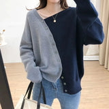 Style Female Irregular Spliced Skew Collar Sweaters Fashion All-match Contrasting Colors Button Loose Knitted Cardigan-Outfit