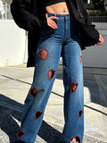 Fongt Personality 2025 Autumn New Fashion Niche Design Hollow Love Straight Jeans Female Trend