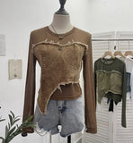 Design Feel Niche Cowboy Splicing Long-Sleeved Mesh T-Shirt Girl Summer Round Collar Dress Short Top